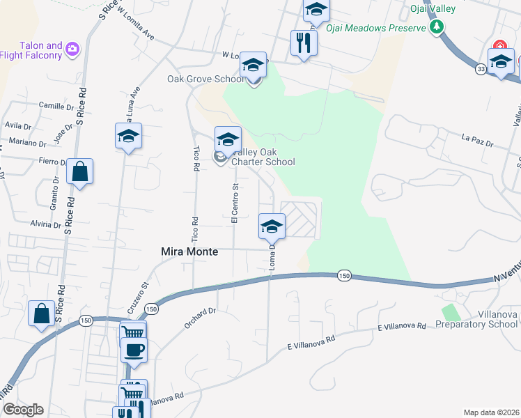 map of restaurants, bars, coffee shops, grocery stores, and more near 1075 Loma Drive in Ojai