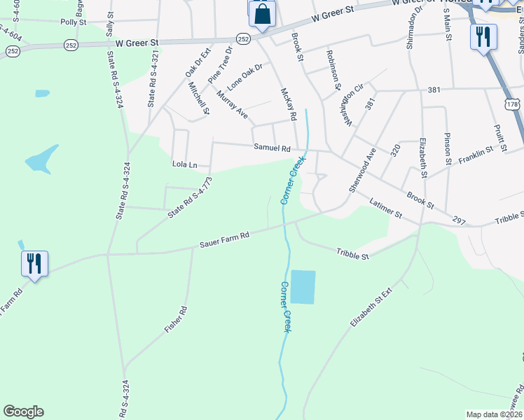 map of restaurants, bars, coffee shops, grocery stores, and more near 103 Brookside Circle in Honea Path