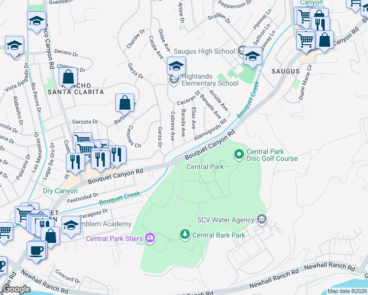 map of restaurants, bars, coffee shops, grocery stores, and more near 22068 Alamogordo Road in Santa Clarita