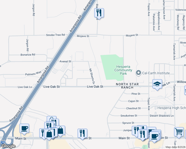 map of restaurants, bars, coffee shops, grocery stores, and more near 10217 Mount Shasta Drive in Hesperia