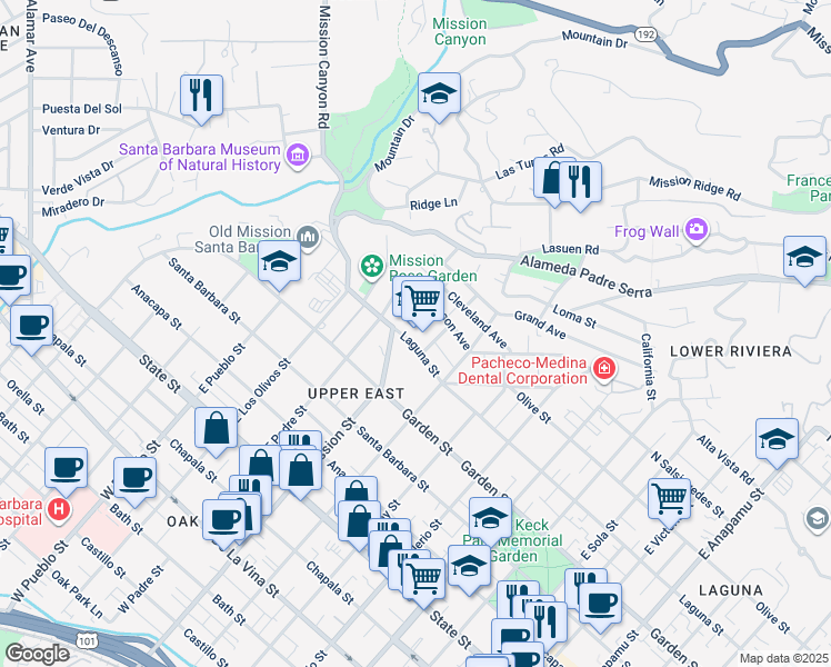 map of restaurants, bars, coffee shops, grocery stores, and more near 1990 Laguna Street in Santa Barbara