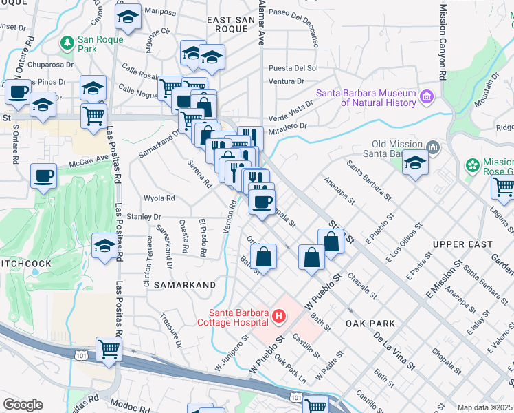 map of restaurants, bars, coffee shops, grocery stores, and more near 2705 De La Vina Street in Santa Barbara