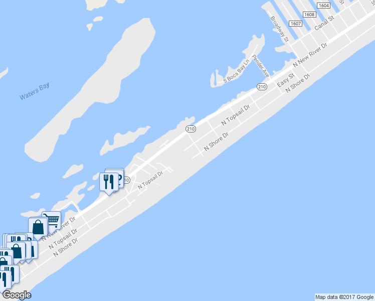 map of restaurants, bars, coffee shops, grocery stores, and more near 1006 North Topsail Drive in Holly Ridge