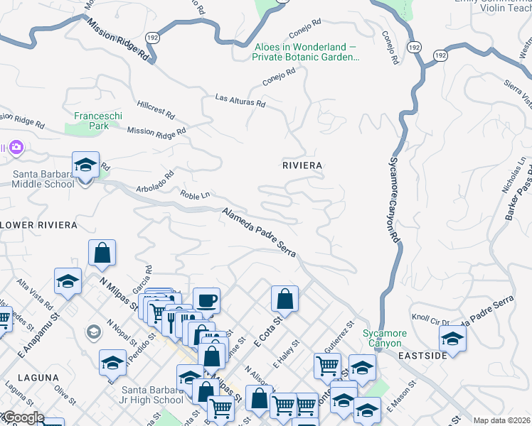 map of restaurants, bars, coffee shops, grocery stores, and more near 54 Loma Media Road in Santa Barbara