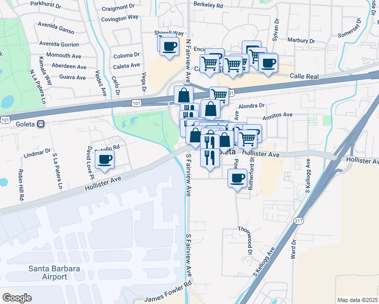 map of restaurants, bars, coffee shops, grocery stores, and more near 245 South Fairview Avenue in Goleta
