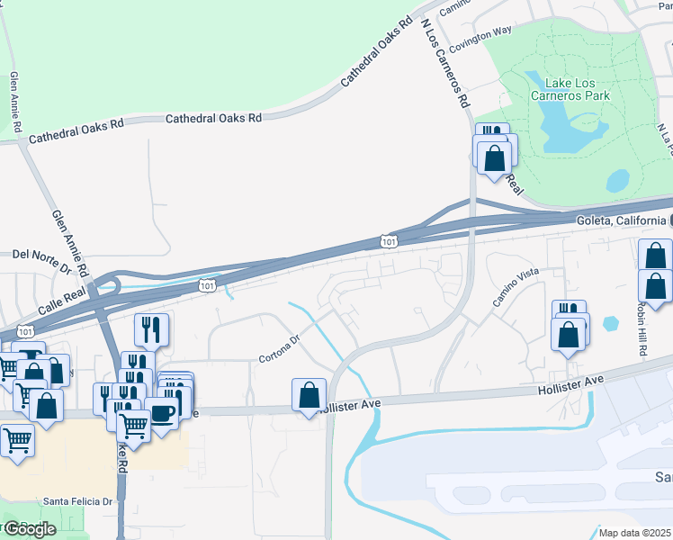 map of restaurants, bars, coffee shops, grocery stores, and more near 6636 Sand Castle Place in Goleta