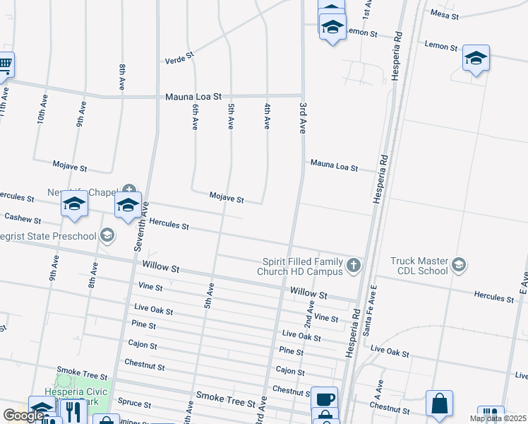 map of restaurants, bars, coffee shops, grocery stores, and more near 16383 Mojave Street in Hesperia