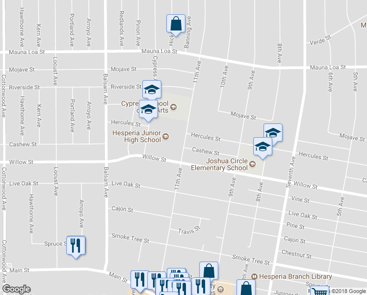 map of restaurants, bars, coffee shops, grocery stores, and more near 10200 11th Avenue in Hesperia
