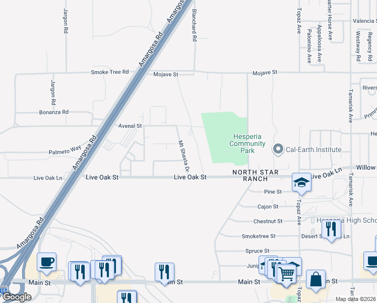 map of restaurants, bars, coffee shops, grocery stores, and more near 10217 Mount Shasta Drive in Hesperia