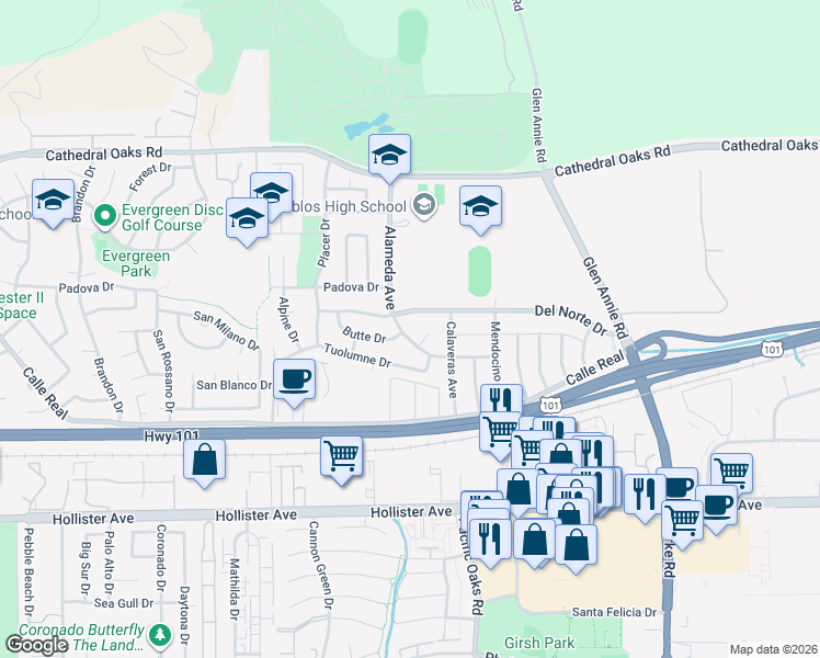 map of restaurants, bars, coffee shops, grocery stores, and more near 7185 Alameda Avenue in Goleta