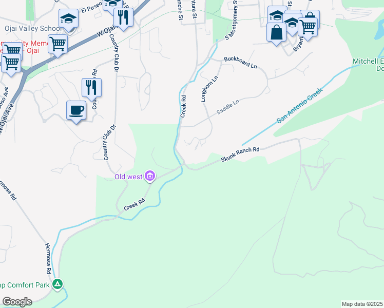 map of restaurants, bars, coffee shops, grocery stores, and more near 770 Creek Road in Ojai