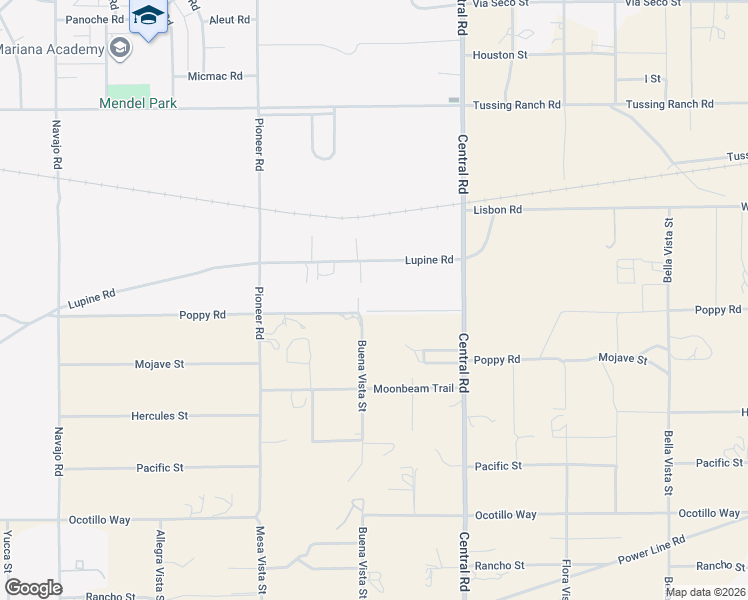 map of restaurants, bars, coffee shops, grocery stores, and more near 22332 Poppy Road in Apple Valley