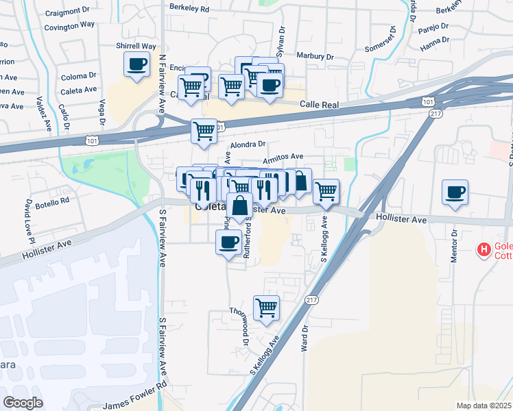 map of restaurants, bars, coffee shops, grocery stores, and more near 5744 Hollister Avenue in Goleta