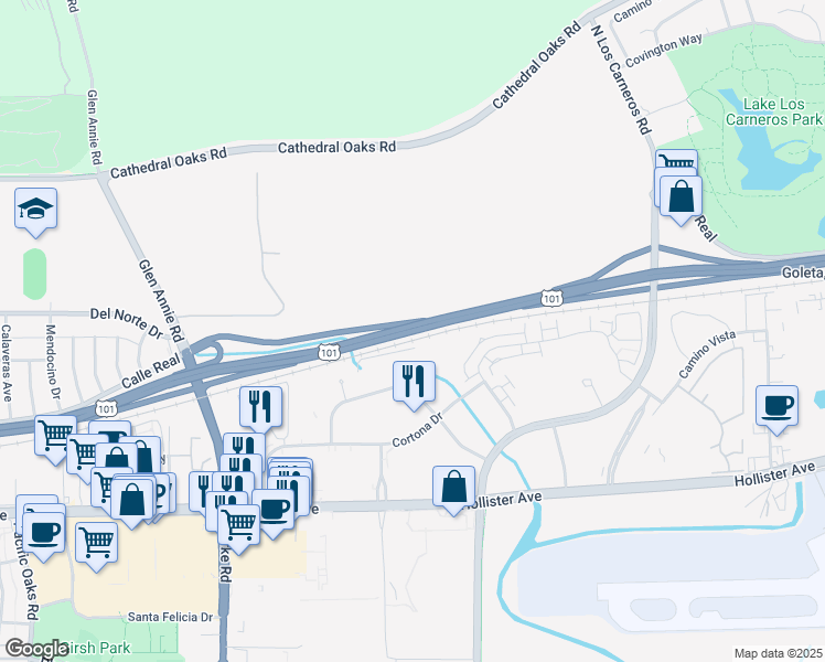 map of restaurants, bars, coffee shops, grocery stores, and more near California 1 in Goleta