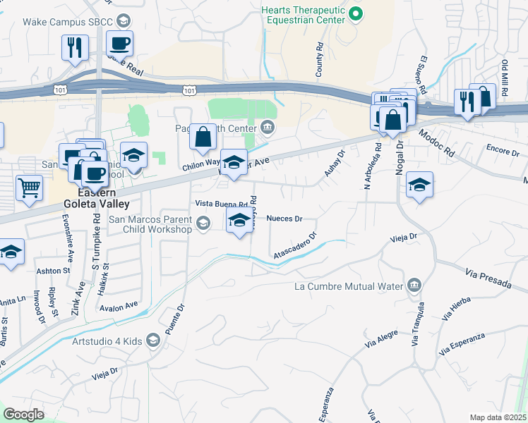 map of restaurants, bars, coffee shops, grocery stores, and more near 4587 Nueces Drive in Santa Barbara