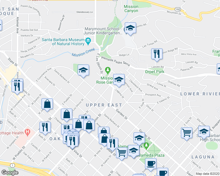 map of restaurants, bars, coffee shops, grocery stores, and more near 322 East Padre Street in Santa Barbara