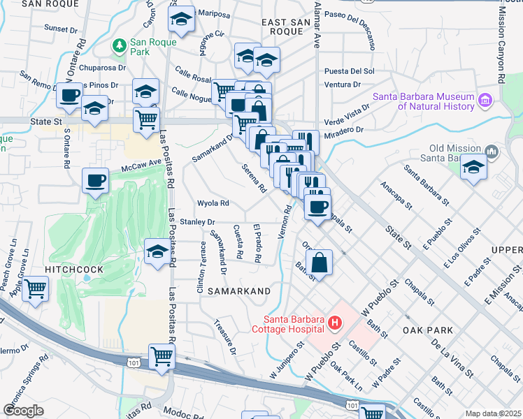 map of restaurants, bars, coffee shops, grocery stores, and more near 238 Stanley Drive in Santa Barbara