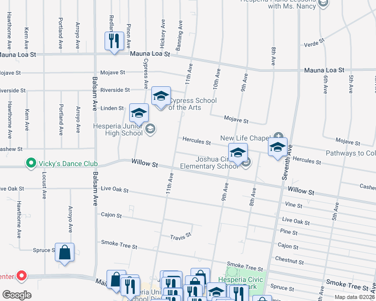 map of restaurants, bars, coffee shops, grocery stores, and more near 15712 Cashew Street in Hesperia