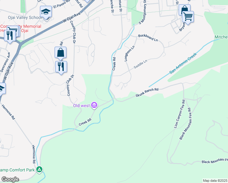 map of restaurants, bars, coffee shops, grocery stores, and more near 770 Creek Road in Ojai