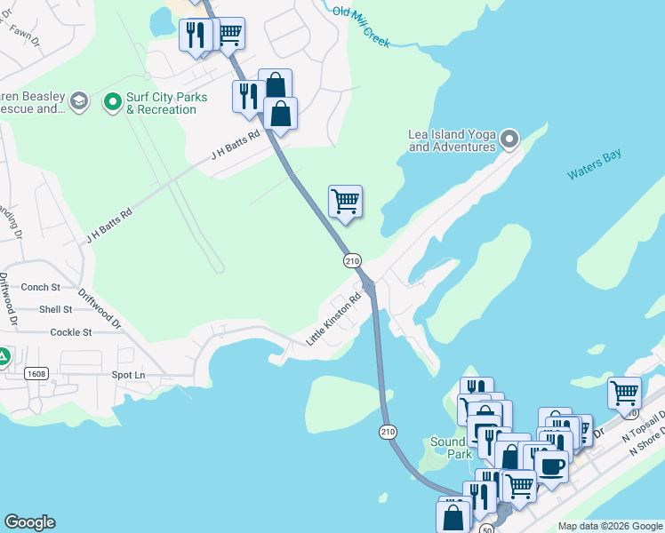 map of restaurants, bars, coffee shops, grocery stores, and more near 109 Little Kinston Road in Surf City