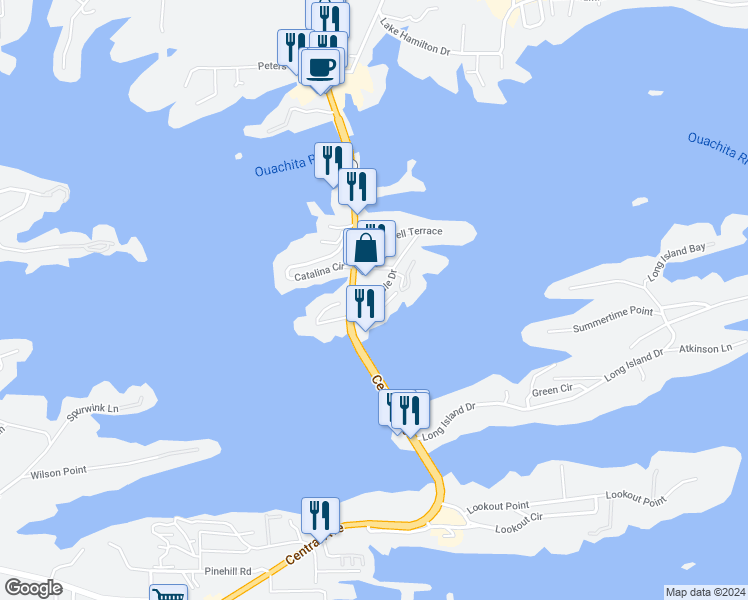 map of restaurants, bars, coffee shops, grocery stores, and more near 130 Grand Isle Drive in Lake Hamilton