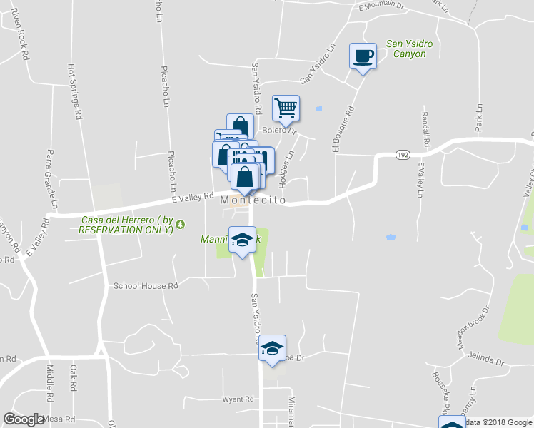 map of restaurants, bars, coffee shops, grocery stores, and more near 1515 E Valley Rd in Santa Barbara
