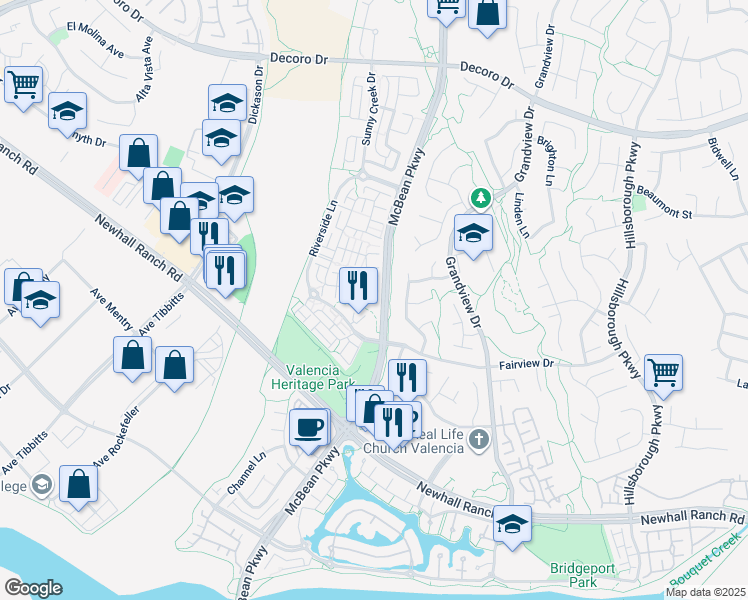 map of restaurants, bars, coffee shops, grocery stores, and more near 27346 Dearborn Drive in Santa Clarita