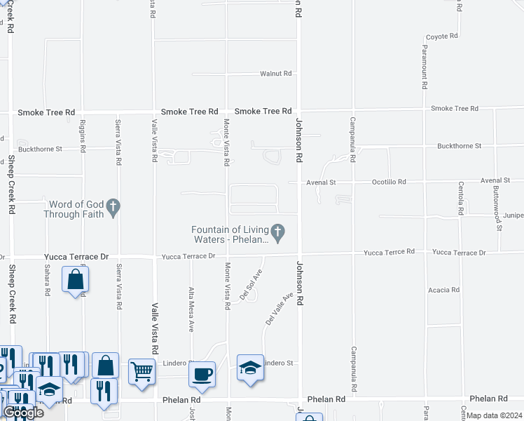map of restaurants, bars, coffee shops, grocery stores, and more near in Phelan