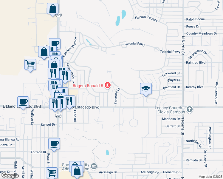map of restaurants, bars, coffee shops, grocery stores, and more near 1221 Fairway Terrace in Clovis