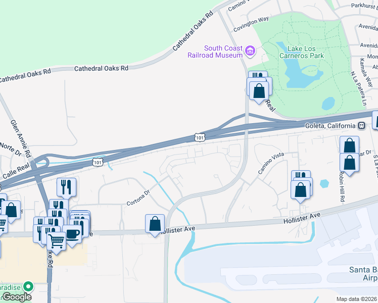 map of restaurants, bars, coffee shops, grocery stores, and more near 6598 Calle Koral in Goleta