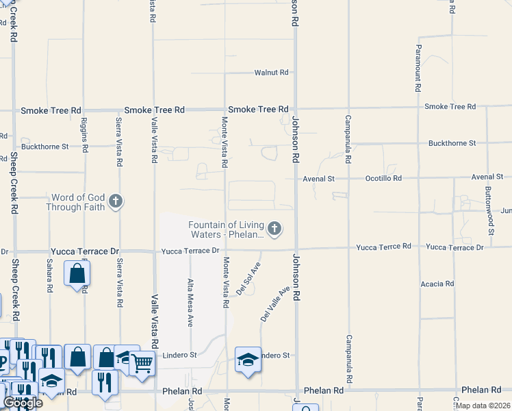 map of restaurants, bars, coffee shops, grocery stores, and more near 10200 Johnson Road in Phelan
