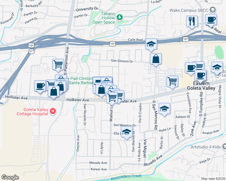 map of restaurants, bars, coffee shops, grocery stores, and more near Walnut Lane & Santa Paula Avenue in Goleta