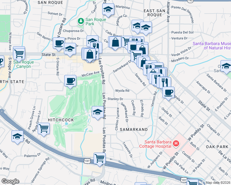 map of restaurants, bars, coffee shops, grocery stores, and more near 440 Stanley Drive in Santa Barbara