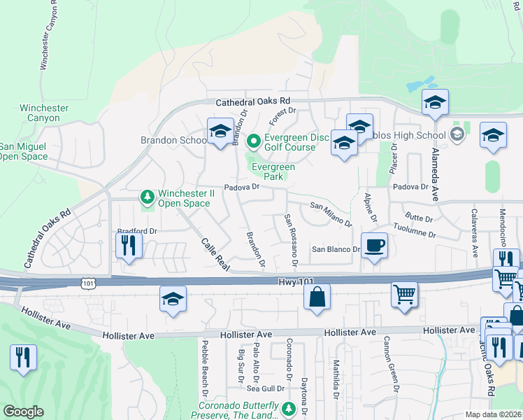 map of restaurants, bars, coffee shops, grocery stores, and more near 7549 San Bari Way in Goleta