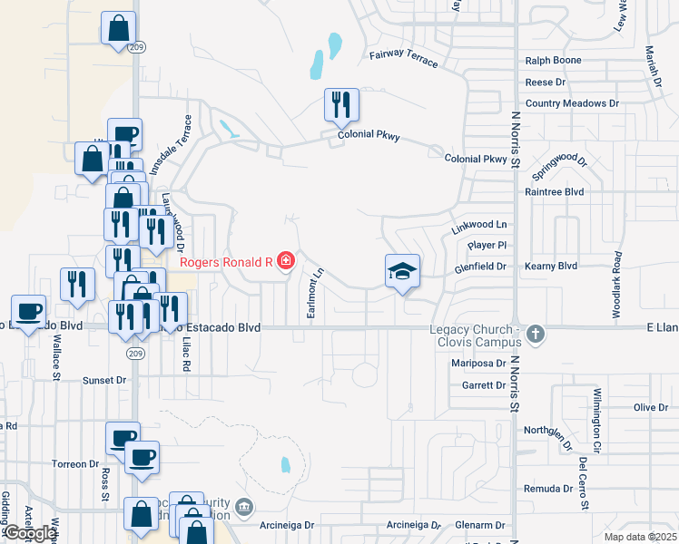 map of restaurants, bars, coffee shops, grocery stores, and more near 1504 Fairway Terrace in Clovis