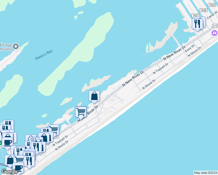 map of restaurants, bars, coffee shops, grocery stores, and more near 301 Mandalay Court in Surf City