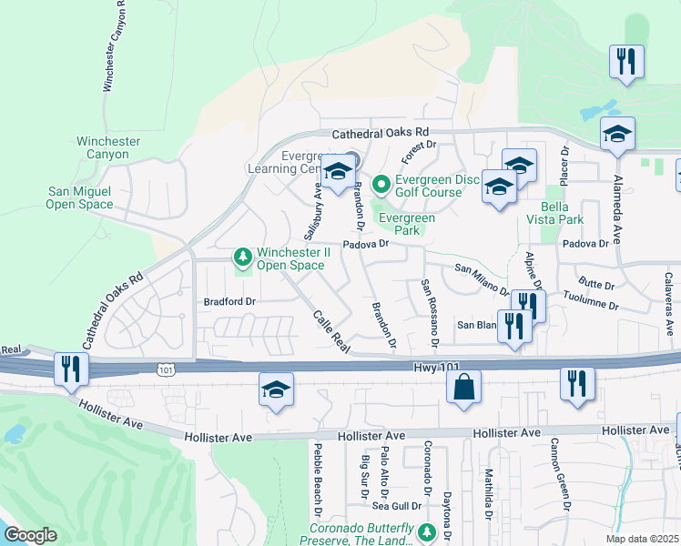 map of restaurants, bars, coffee shops, grocery stores, and more near 7656 Dartmoor Avenue in Goleta