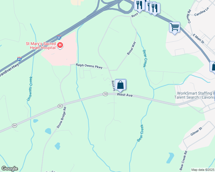 map of restaurants, bars, coffee shops, grocery stores, and more near 115 Ross Place in Lavonia