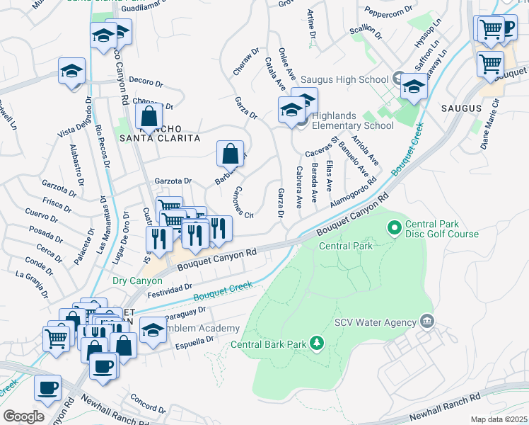 map of restaurants, bars, coffee shops, grocery stores, and more near 22113 Barbacoa Drive in Santa Clarita