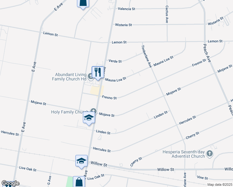 map of restaurants, bars, coffee shops, grocery stores, and more near 17694 Fresno Street in Hesperia