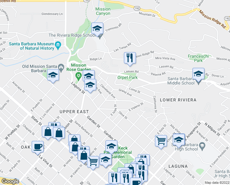 map of restaurants, bars, coffee shops, grocery stores, and more near 1804 Cleveland Avenue in Santa Barbara