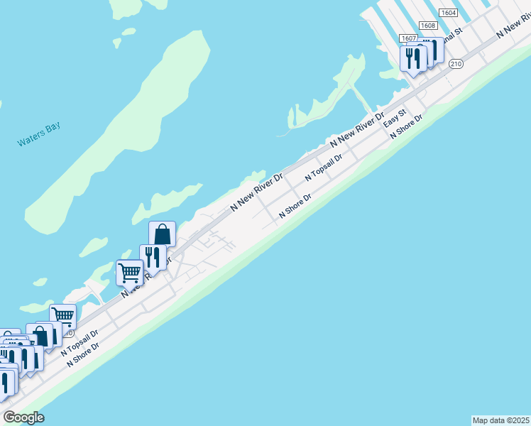 map of restaurants, bars, coffee shops, grocery stores, and more near 1014 North Topsail Drive in Surf City
