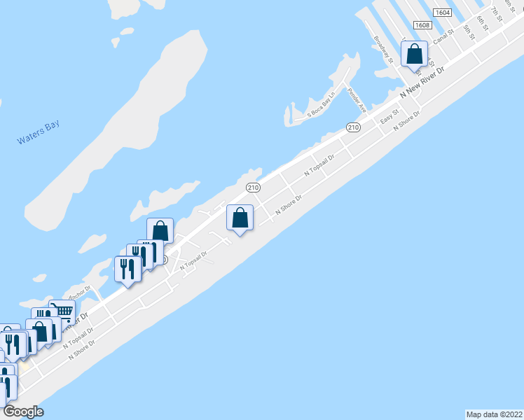map of restaurants, bars, coffee shops, grocery stores, and more near 1014 North Topsail Drive in Surf City
