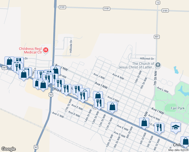 map of restaurants, bars, coffee shops, grocery stores, and more near 1500-1598 Avenue I Northwest in Childress