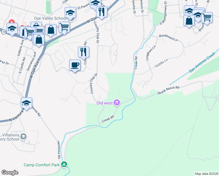 map of restaurants, bars, coffee shops, grocery stores, and more near 904 Creek Road in Ojai