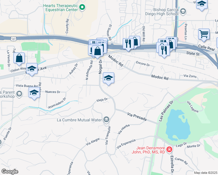 map of restaurants, bars, coffee shops, grocery stores, and more near 434 Nogal Drive in Santa Barbara