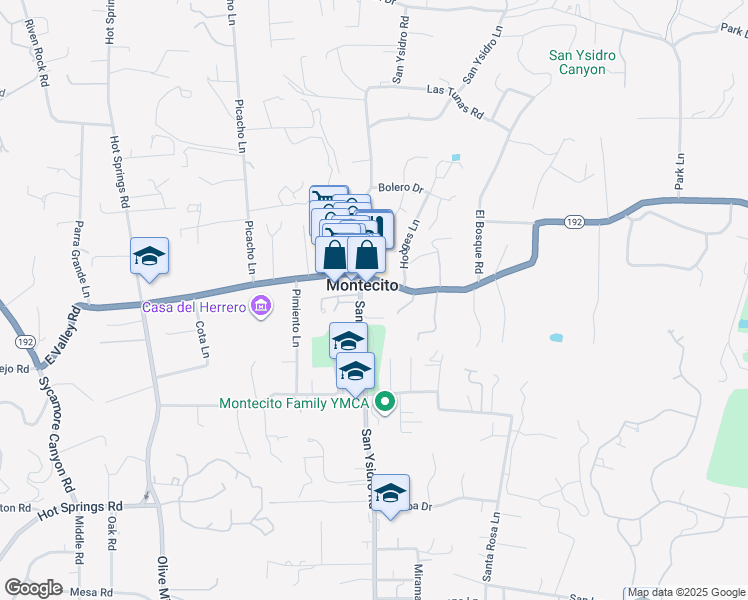 map of restaurants, bars, coffee shops, grocery stores, and more near 1545 East Valley Road in Montecito