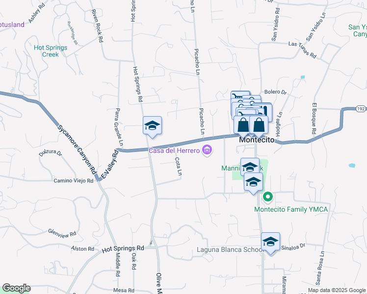 map of restaurants, bars, coffee shops, grocery stores, and more near 1373 East Valley Road in Montecito