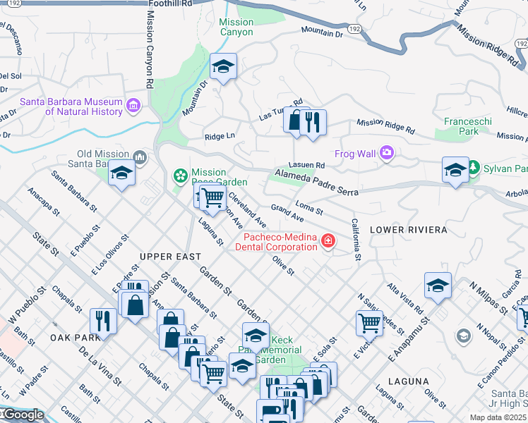 map of restaurants, bars, coffee shops, grocery stores, and more near 1804 Cleveland Avenue in Santa Barbara