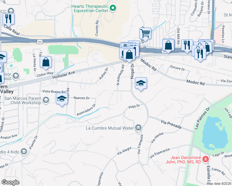 map of restaurants, bars, coffee shops, grocery stores, and more near 340 Arboleda Road in Santa Barbara